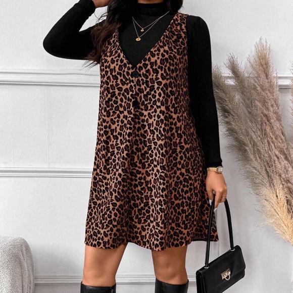 Plus Long Sleeve Black Top Leopard Print Sleeveless Dress Set - Picture 4 of 4
